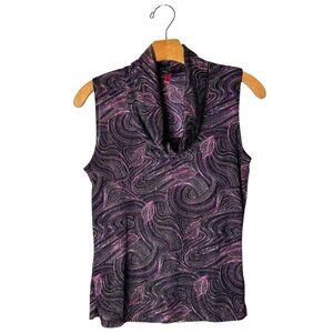 Sweet Baby Jane Shirt Women Medium Purple Black Knit Shimmer Swirl Cowl Neck Top